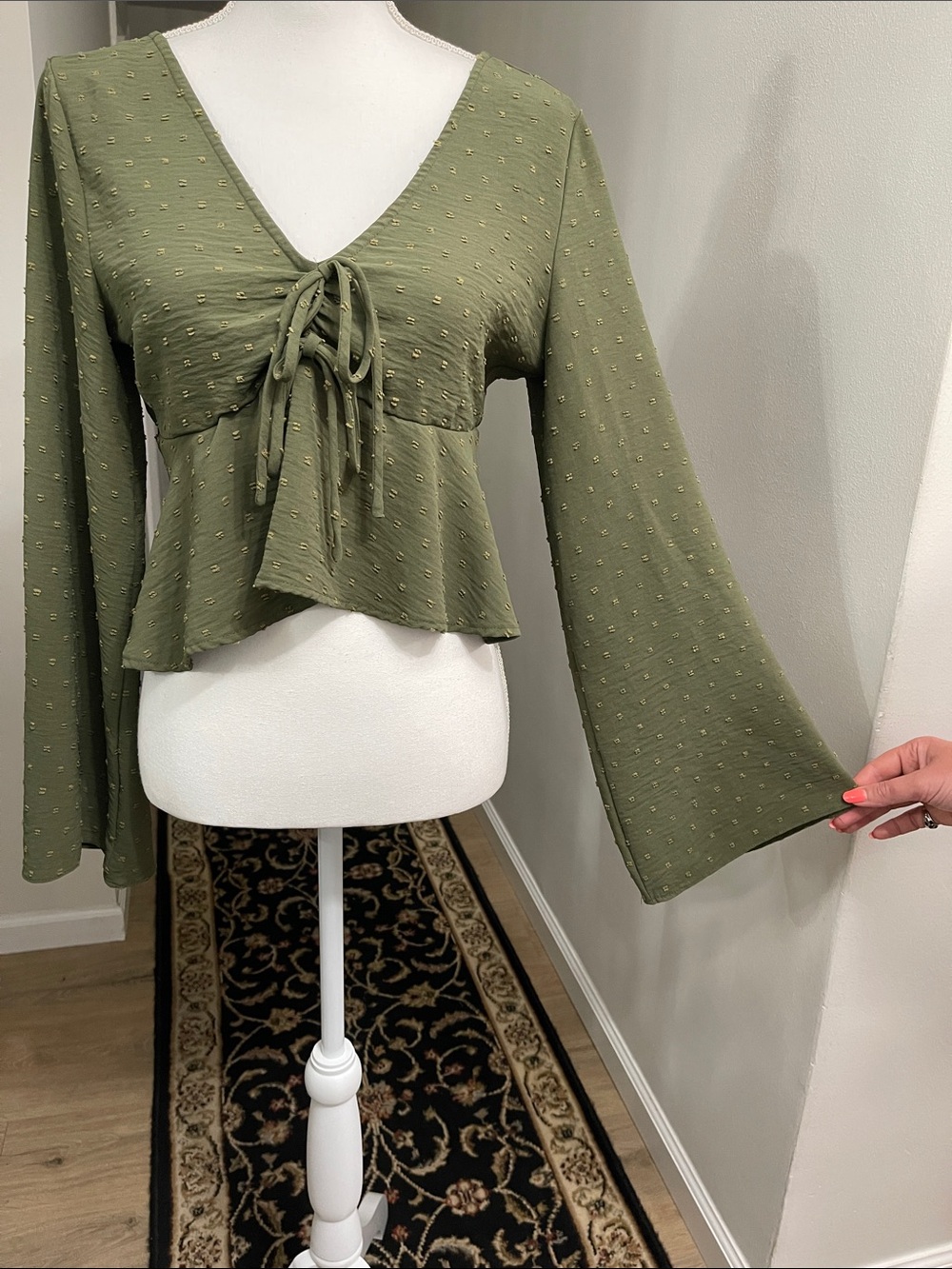 Altar’d State Swiss Dot Tie Front CropTop Bell Sleeve olive green Y2K babydoll M - Picture 3 of 16